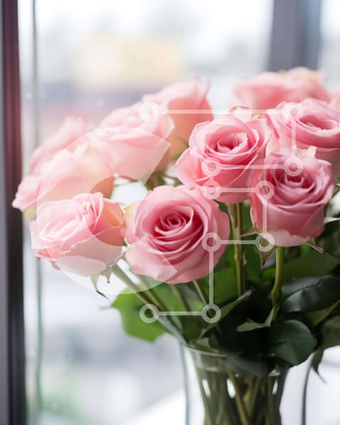 Intra Συλλεκτικό Ξύλινο Παζλ Plywood  4mm - Φρέσκα ροζ τριαντάφυλλα σε γυάλινο βάζο από ανοιχτό παράθυρο Σε Ξύλινο Κουτί - Διαστάσεις: 10x10 cm – 25 κομμάτια