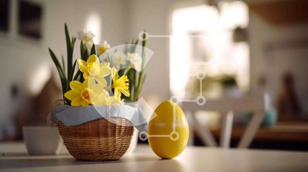 Intra Συλλεκτικό Ξύλινο Παζλ Plywood  4mm - Πασχαλινό καλάθι με ασφόδελους και πασχαλινό αυγό Σε Ξύλινο Κουτί - Διαστάσεις Puzzle: 10x10 cm – 25 κομμάτια