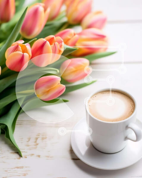 Σετ των 2 Intra Συλλεκτικό Ξύλινο Παζλ Plywood  4mm - Φλιτζάνι καφέ με τουλίπες και ανθοσυνθέσεις Σε Ξύλινο Κουτί - Διαστάσεις: 10x10 cm – 25 κομμάτια