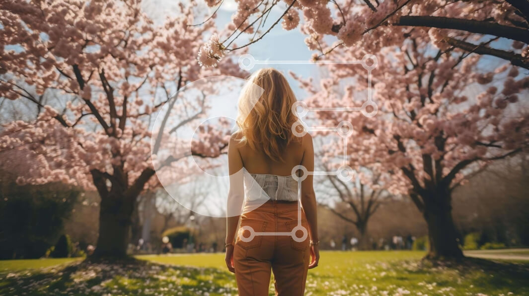 Intra Συλλεκτικό Ξύλινο Παζλ Plywood  4mm - Γυναίκα στο πάρκο κάτω από τις ανθισμένες κερασιές Σε Ξύλινο Κουτί - Διαστάσεις: 10x10 cm – 25 κομμάτια