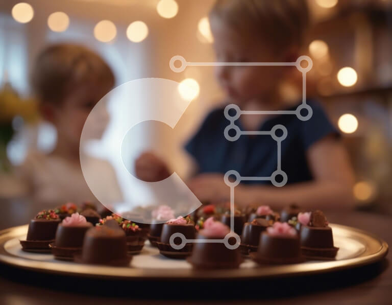 Intra Συλλεκτικό Ξύλινο Παζλ Plywood  4mm - Παιδιά που απολαμβάνουν τις καραμέλες σοκολάτας σε ένα τραπέζι Σε Ξύλινο Κουτί - Διαστάσεις Puzzle: 10x10 cm – 25 κομμάτια