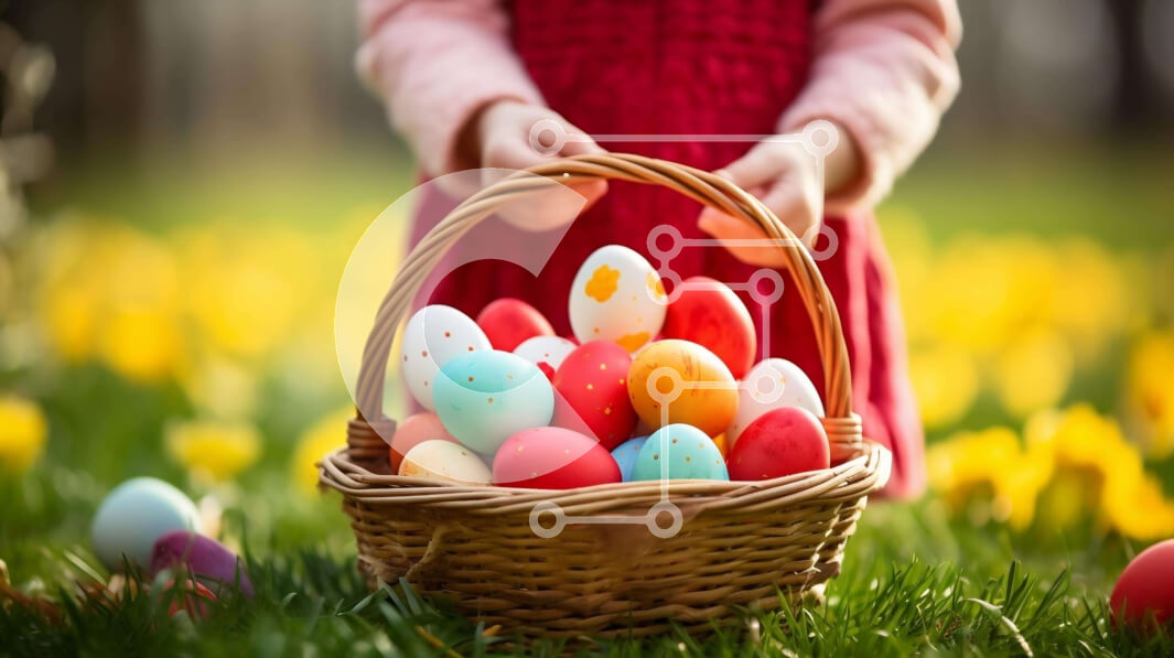 Intra Συλλεκτικό Ξύλινο Παζλ Plywood  4mm - Νεαρό κορίτσι με Πασχαλινό καλάθι γεμάτο με πολύχρωμα αυγά στο γρασίδι Σε Ξύλινο Κουτί - Διαστάσεις: 10x10 cm – 25 κομμάτια