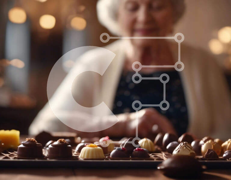 Intra Συλλεκτικό Ξύλινο Παζλ Plywood  4mm - Ηλικιωμένη γυναίκα με σοκολάτες και επιδόρπια Σε Ξύλινο Κουτί - Διαστάσεις Puzzle: 10x10 cm – 25 κομμάτια