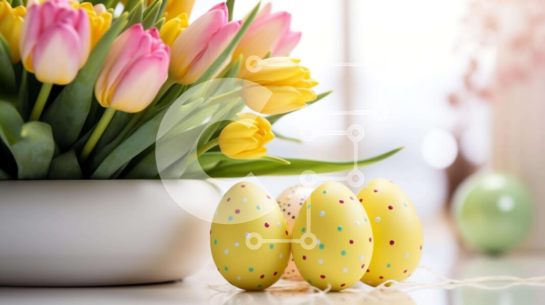 Intra Συλλεκτικό Ξύλινο Παζλ Plywood  4mm - Κίτρινα Πασχαλινά αυγά και τουλίπες σε βάζο για τον εορτασμό του Πάσχα Σε Ξύλινο Κουτί - Διαστάσεις: 10x10 cm – 25 κομμάτια
