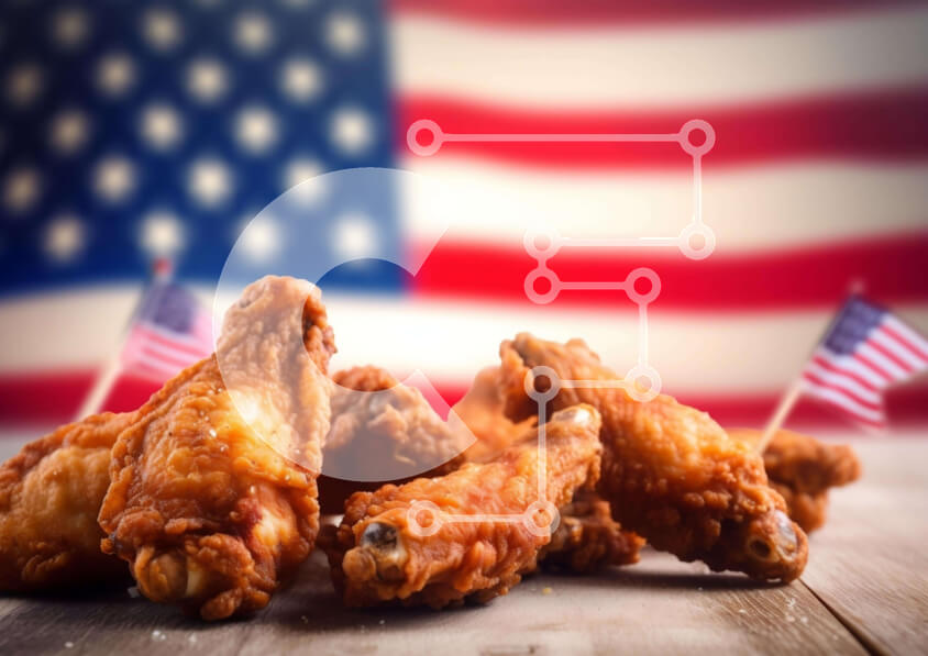 Σετ των 2 Intra Συλλεκτικό Ξύλινο Παζλ Plywood  4mm - Αμερικανικά φτερά κοτόπουλου σε ξύλινο τραπέζι με φόντο σημαία Σε Ξύλινο Κουτί - Διαστάσεις: 10x10 cm – 25 κομμάτια