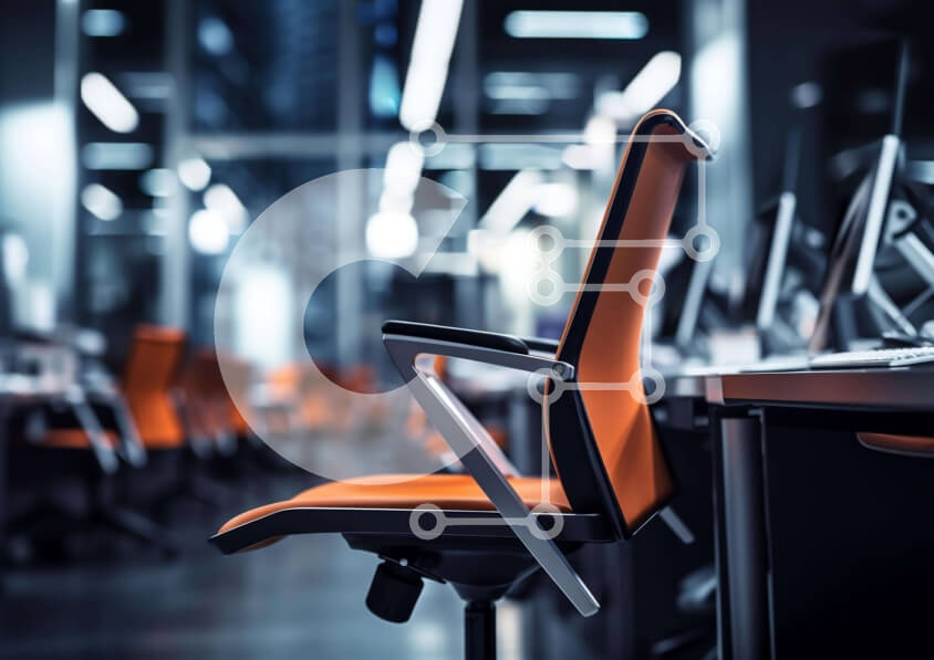 Intra Συλλεκτικό Ξύλινο Παζλ Plywood  4mm - Χώρος εργασίας γραφείου με οθόνες υπολογιστών και πορτοκαλί καρέκλα Σε Ξύλινο Κουτί - Διαστάσεις Puzzle: 10x10 cm – 25 κομμάτια