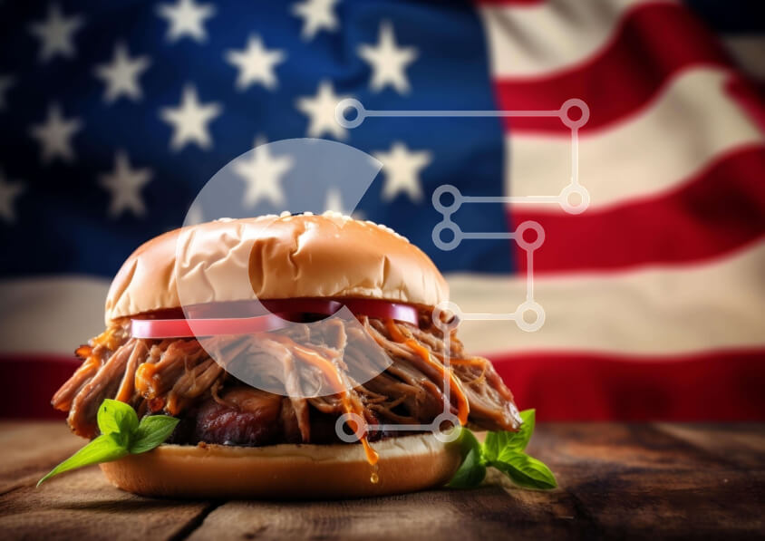 Σετ των 2 Intra Συλλεκτικό Ξύλινο Παζλ Plywood  4mm - Σάντουιτς τραβηγμένο χοιρινό με φόντο αμερικανικής σημαίας Σε Ξύλινο Κουτί - Διαστάσεις: 10x10 cm – 25 κομμάτια