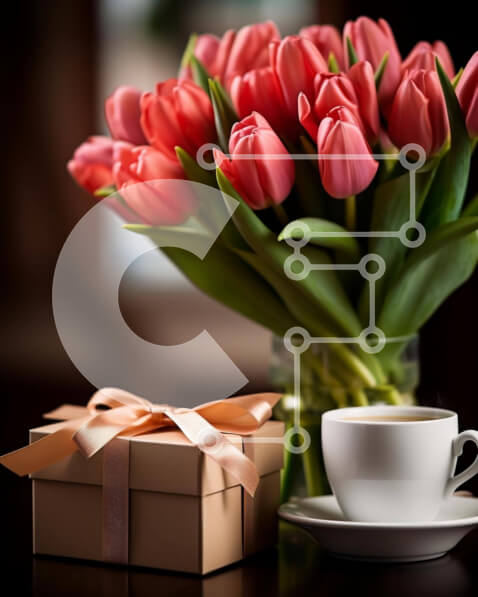 Intra Συλλεκτικό Ξύλινο Παζλ Plywood  4mm - Ροζ τουλίπες και φλιτζάνι καφέ με κουτί δώρου Σε Ξύλινο Κουτί - Διαστάσεις: 10x10 cm – 25 κομμάτια