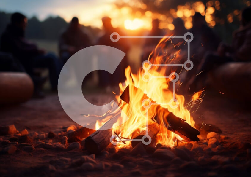 Intra Συλλεκτικό Ξύλινο Παζλ Plywood  4mm - Φωτιά με ανθρώπους που απολαμβάνουν την ύπαιθρο Σε Ξύλινο Κουτί - Διαστάσεις Puzzle: 10x10 cm – 25 κομμάτια