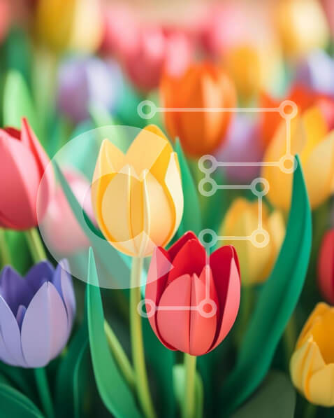 Intra Συλλεκτικό Ξύλινο Παζλ Plywood  4mm - Πολύχρωμες χάρτινες τουλίπες σε διάταξη κήπου Σε Ξύλινο Κουτί - Διαστάσεις: 10x10 cm – 25 κομμάτια