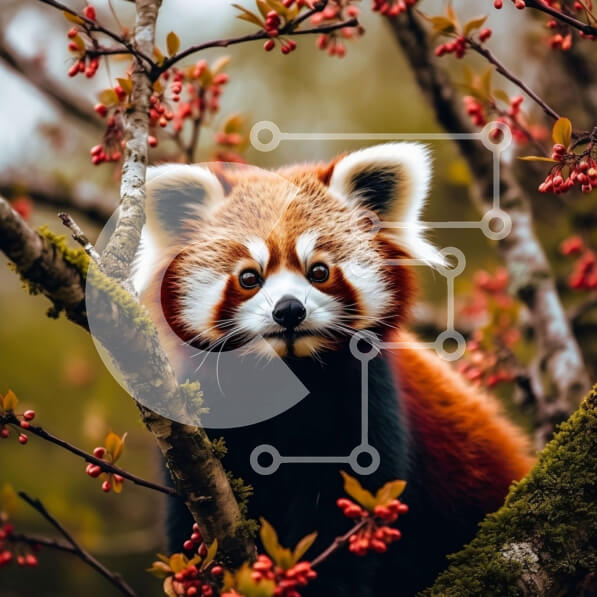 Intra Συλλεκτικό Ξύλινο Παζλ Plywood  4mm - Χαριτωμένη εικόνα ενός κόκκινου Panda που περιβάλλεται από κόκκινα μούρα Σε Ξύλινο Κουτί - Διαστάσεις: 10x10 cm – 25 κομμάτια