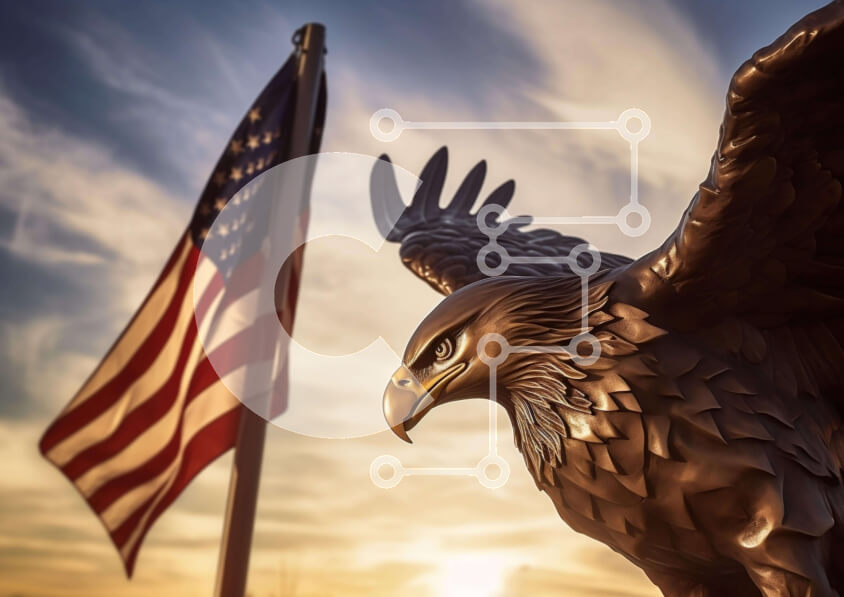 Intra Συλλεκτικό Ξύλινο Παζλ Plywood  4mm - Άγαλμα του αετού μπροστά από την αμερικανική σημαία Σε Ξύλινο Κουτί - Διαστάσεις Puzzle: 10x10 cm – 25 κομμάτια