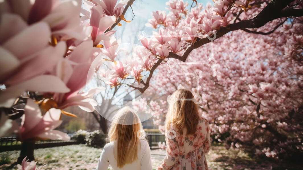 Intra Συλλεκτικό Ξύλινο Παζλ Plywood  4mm - Δύο νεαρά κορίτσια που περπατούν μέσα από ένα ανθισμένο πάρκο Σε Ξύλινο Κουτί - Διαστάσεις Puzzle: 10x10 cm – 25 κομμάτια