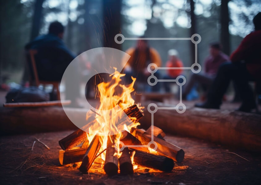 Intra Συλλεκτικό Ξύλινο Παζλ Plywood  4mm - Φωτιά στο δάσος με ανθρώπους να κάθονται τριγύρω Σε Ξύλινο Κουτί - Διαστάσεις Puzzle: 10x10 cm – 25 κομμάτια