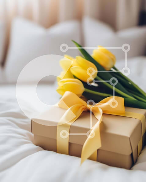 Intra Συλλεκτικό Ξύλινο Παζλ Plywood  4mm - Καφέ κουτί δώρου και κίτρινες τουλίπες στο κρεβάτι με λευκά μαξιλάρια Σε Ξύλινο Κουτί - Διαστάσεις: 10x10 cm – 25 κομμάτια