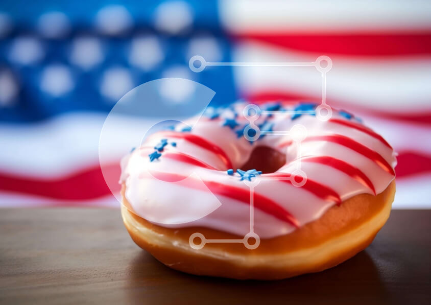 Σετ των 2 Intra Συλλεκτικό Ξύλινο Παζλ Plywood  4mm - Ντόνατ με θέμα την αμερικανική σημαία σε ξύλινο τραπέζι Σε Ξύλινο Κουτί - Διαστάσεις: 10x10 cm – 25 κομμάτια