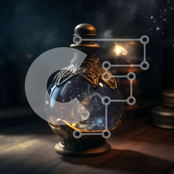 Intra Συλλεκτικό Ξύλινο Παζλ Plywood  4mm - Μυστική και μαγευτική εικόνα ενός χρυσού μπουκαλιού με στροβιλιζόμενο μπλε υγρό Σε Ξύλινο Κουτί - Διαστάσεις Puzzle: 10x10 cm – 25 κομμάτια