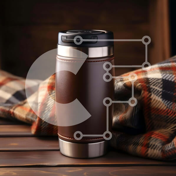 Intra Συλλεκτικό Ξύλινο Παζλ Plywood  4mm - Καφέ δερμάτινη κούπα ταξιδιού σε παλιό ξύλινο τραπέζι με καρό κουβέρτα Σε Ξύλινο Κουτί - Διαστάσεις Puzzle: 10x10 cm – 25 κομμάτια