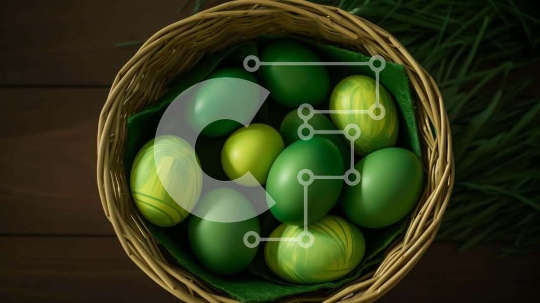 Intra Συλλεκτικό Ξύλινο Παζλ Plywood  4mm - Πράσινα Πασχαλινά αυγά σε ένα καλάθι στο γρασίδι Σε Ξύλινο Κουτί - Διαστάσεις: 10x10 cm – 25 κομμάτια