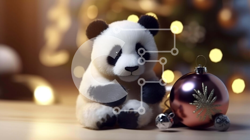 Intra Συλλεκτικό Ξύλινο Παζλ Plywood  4mm - Γεμισμένο αρκουδάκι Panda μπροστά από διακοσμητικό χριστουγεννιάτικο δέντρο Σε Ξύλινο Κουτί - Διαστάσεις: 10x10 cm – 25 κομμάτια