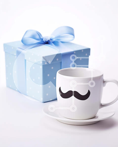 Intra Συλλεκτικό Ξύλινο Παζλ Plywood  4mm - Μπλε κουτί δώρου και κούπα με φλιτζάνι καφέ με μουστάκι Σε Ξύλινο Κουτί - Διαστάσεις Puzzle: 10x10 cm – 25 κομμάτια