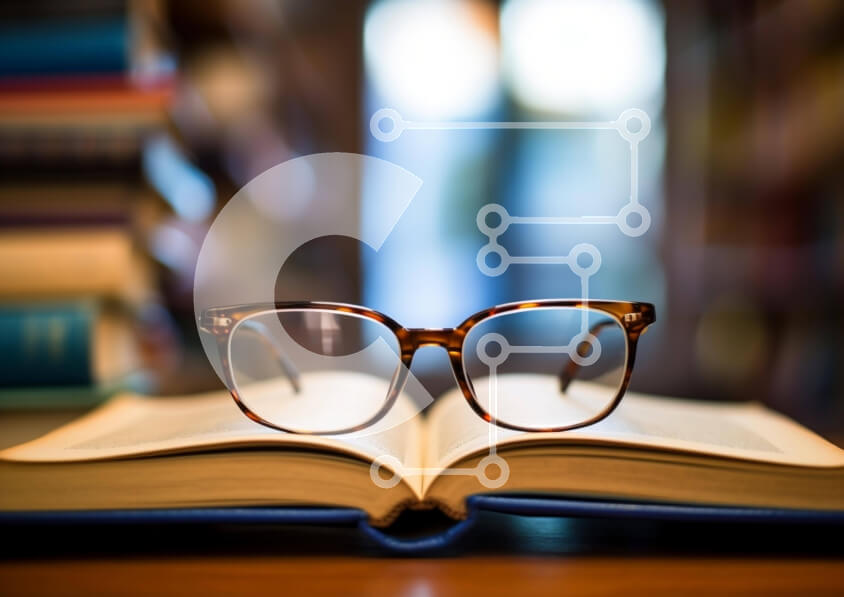 Intra Συλλεκτικό Ξύλινο Παζλ Plywood  4mm - Ανοιχτό βιβλίο με γυαλιά και βιβλία στο φόντο Σε Ξύλινο Κουτί - Διαστάσεις Puzzle: 10x10 cm – 25 κομμάτια