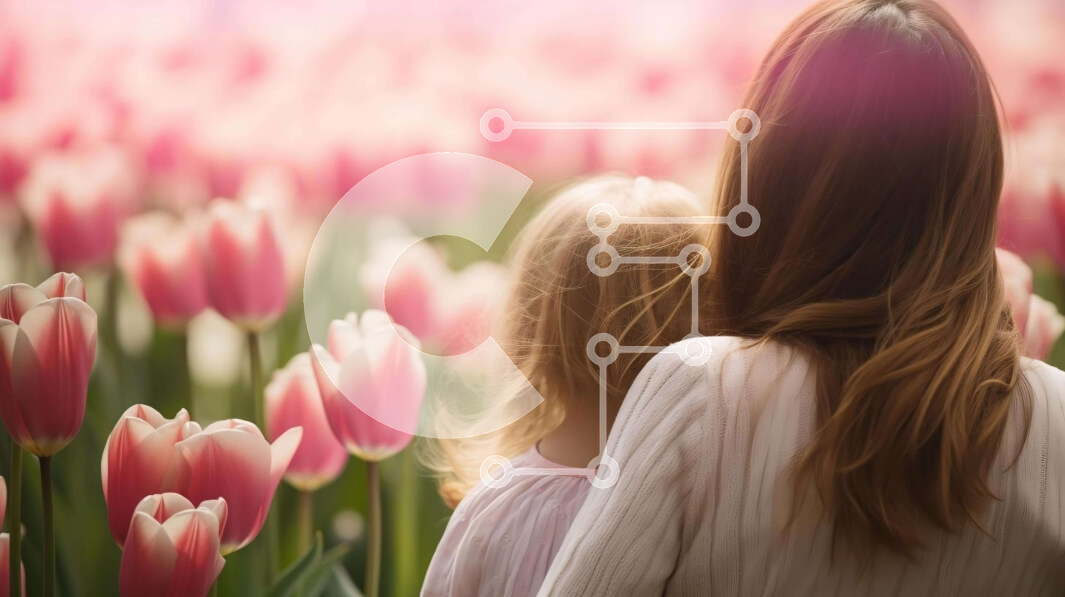 Intra Συλλεκτικό Ξύλινο Παζλ Plywood  4mm - Μητέρα και παιδί στο πεδίο των ροζ τουλίπες Σε Ξύλινο Κουτί - Διαστάσεις: 10x10 cm – 25 κομμάτια