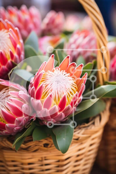 Σετ των 2 Intra Συλλεκτικό Ξύλινο Παζλ Plywood  4mm - Καλάθι με κόκκινα και ροζ λουλούδια πρωτέας σε πράσινα φύλλα Σε Ξύλινο Κουτί - Διαστάσεις: 10x10 cm – 25 κομμάτια