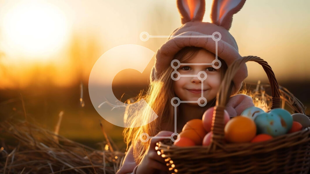 Intra Συλλεκτικό Ξύλινο Παζλ Plywood  4mm - Νεαρό κορίτσι στα αυτιά λαγουδάκι με το πασχαλινό καλάθι στο ηλιοβασίλεμα Σε Ξύλινο Κουτί - Διαστάσεις: 10x10 cm – 25 κομμάτια