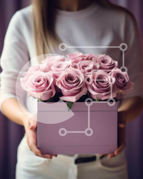 Intra Συλλεκτικό Ξύλινο Παζλ Plywood  4mm - Γυναίκα που κρατά ένα κουτί με ροζ τριαντάφυλλα Σε Ξύλινο Κουτί - Διαστάσεις Puzzle: 10x10 cm – 25 κομμάτια