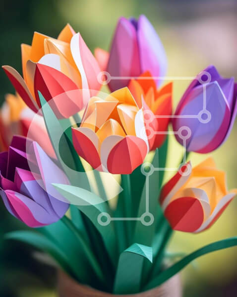 Intra Συλλεκτικό Ξύλινο Παζλ Plywood  4mm - Πολύχρωμο χάρτινο μπουκέτο τουλίπας σε μοναδικό ανάποδο βάζο Σε Ξύλινο Κουτί - Διαστάσεις Puzzle: 10x10 cm – 25 κομμάτια