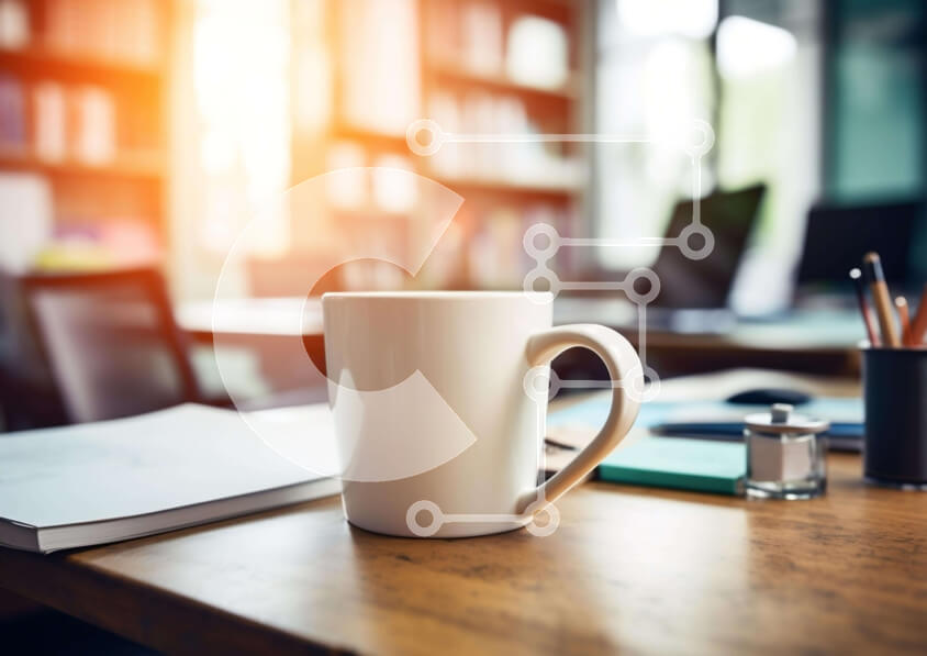 Intra Συλλεκτικό Ξύλινο Παζλ Plywood  4mm - Λευκό φλιτζάνι καφέ σε ξύλινο γραφείο με σημειωματάριο και στυλό Σε Ξύλινο Κουτί - Διαστάσεις: 10x10 cm – 25 κομμάτια