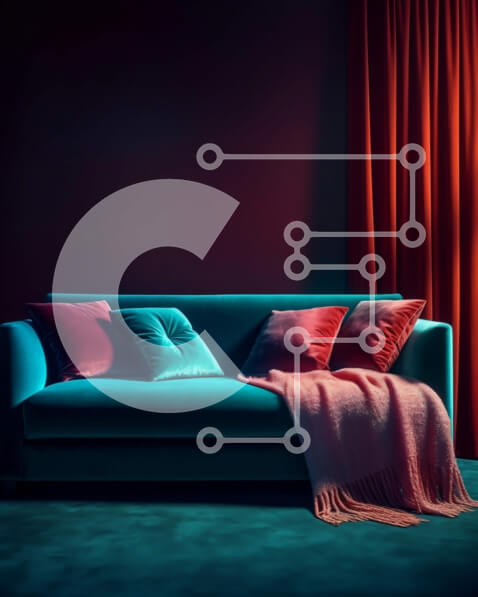 Intra Συλλεκτικό Ξύλινο Παζλ Plywood  4mm - Άνετος μπλε καναπές σε δωμάτιο με χαμηλό φωτισμό με κόκκινες κουρτίνες Σε Ξύλινο Κουτί - Διαστάσεις Puzzle: 10x10 cm – 25 κομμάτια