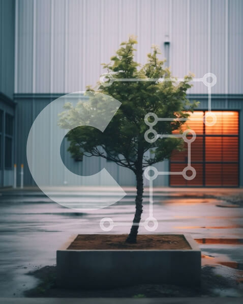 Intra Συλλεκτικό Ξύλινο Παζλ Plywood  4mm - Μοναχικό δέντρο σε ένα χώρο στάθμευσης με γκρίζο ουρανό και κόκκινο κτίριο Σε Ξύλινο Κουτί - Διαστάσεις Puzzle: 10x10 cm – 25 κομμάτια