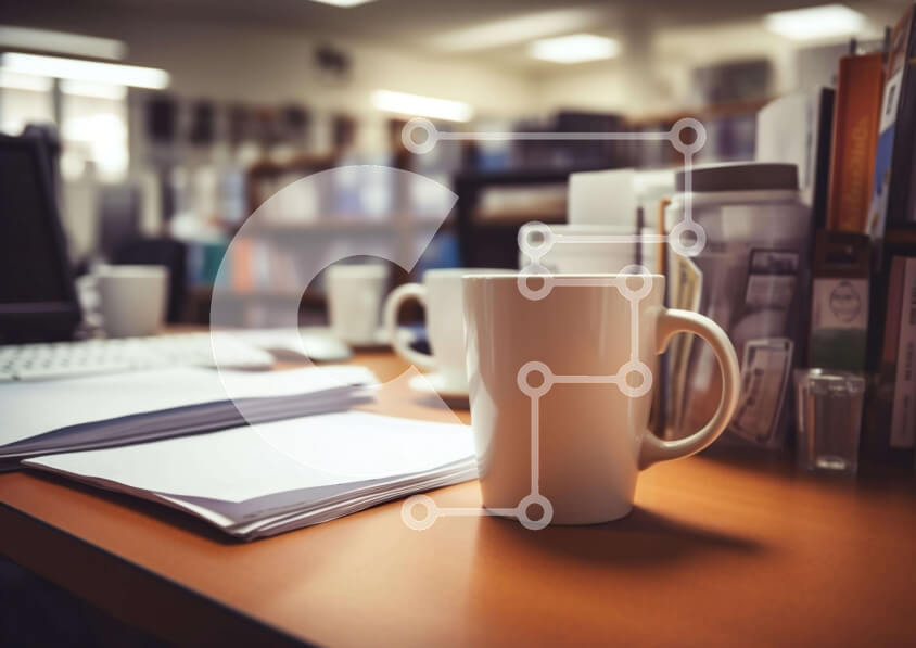 Intra Συλλεκτικό Ξύλινο Παζλ Plywood  4mm - Λευκό φλιτζάνι καφέ σε ξύλινο γραφείο με φορητό υπολογιστή και βιβλία Σε Ξύλινο Κουτί - Διαστάσεις Puzzle: 10x10 cm – 25 κομμάτια