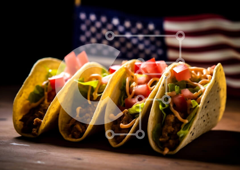 Σετ των 2 Intra Συλλεκτικό Ξύλινο Παζλ Plywood  4mm - Tacos σε ξύλινο τραπέζι μπροστά από την αμερικανική σημαία Σε Ξύλινο Κουτί - Διαστάσεις: 10x10 cm – 25 κομμάτια