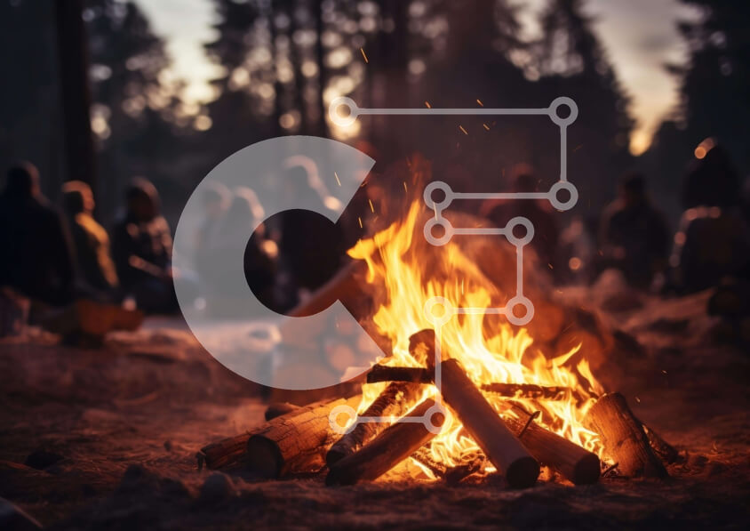 Intra Συλλεκτικό Ξύλινο Παζλ Plywood  4mm - Φωτιά στο δάσος με ανθρώπους να κάθονται τριγύρω Σε Ξύλινο Κουτί - Διαστάσεις: 10x10 cm – 25 κομμάτια