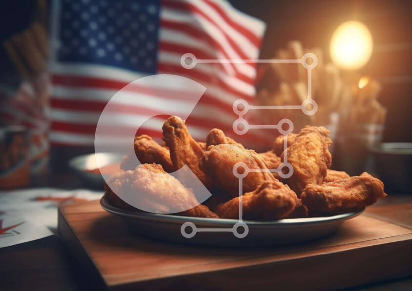 Σετ των 2 Intra Συλλεκτικό Ξύλινο Παζλ Plywood  4mm - Πιάτο με τηγανητές φτερούγες κοτόπουλου με αμερικανική σημαία και πατάτες Σε Ξύλινο Κουτί - Διαστάσεις: 10x10 cm – 25 κομμάτια