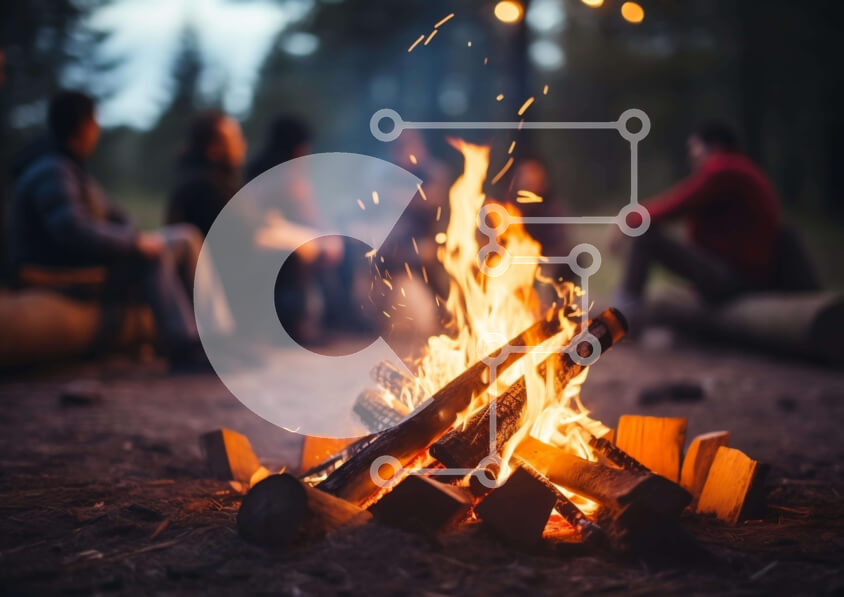 Intra Συλλεκτικό Ξύλινο Παζλ Plywood  4mm - Άνθρωποι που συγκεντρώνονται γύρω από μια φωτιά στο δάσος Σε Ξύλινο Κουτί - Διαστάσεις Puzzle: 10x10 cm – 25 κομμάτια