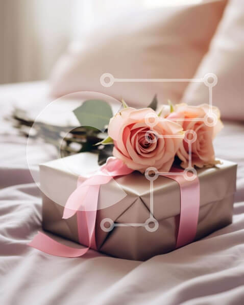 Intra Συλλεκτικό Ξύλινο Παζλ Plywood  4mm - Κουτί δώρου με ροζ τριαντάφυλλα και κορδέλα στο κρεβάτι Σε Ξύλινο Κουτί - Διαστάσεις: 10x10 cm – 25 κομμάτια