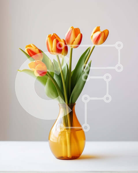 Intra Συλλεκτικό Ξύλινο Παζλ Plywood  4mm - Φρέσκες πορτοκαλί τουλίπες σε βάζο σε λευκό τραπέζι Σε Ξύλινο Κουτί - Διαστάσεις: 10x10 cm – 25 κομμάτια