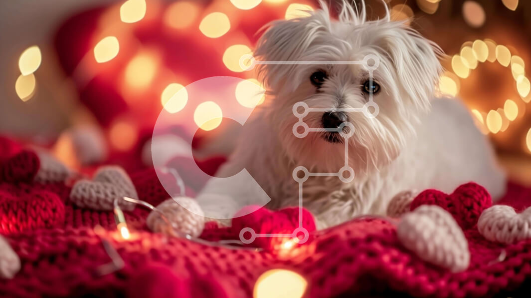 Intra Συλλεκτικό Ξύλινο Παζλ Plywood  4mm - Λευκός σκύλος με κόκκινες διακοσμήσεις σε σχήμα καρδιάς και πολύχρωμα φώτα Σε Ξύλινο Κουτί - Διαστάσεις: 10x10 cm – 25 κομμάτια