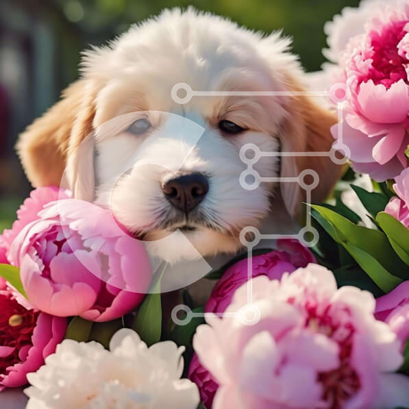 Intra Συλλεκτικό Ξύλινο Παζλ Plywood  4mm - Αξιολάτρευτο κουτάβι ανάμεσα σε ροζ παιώνιες Σε Ξύλινο Κουτί - Διαστάσεις: 10x10 cm – 25 κομμάτια