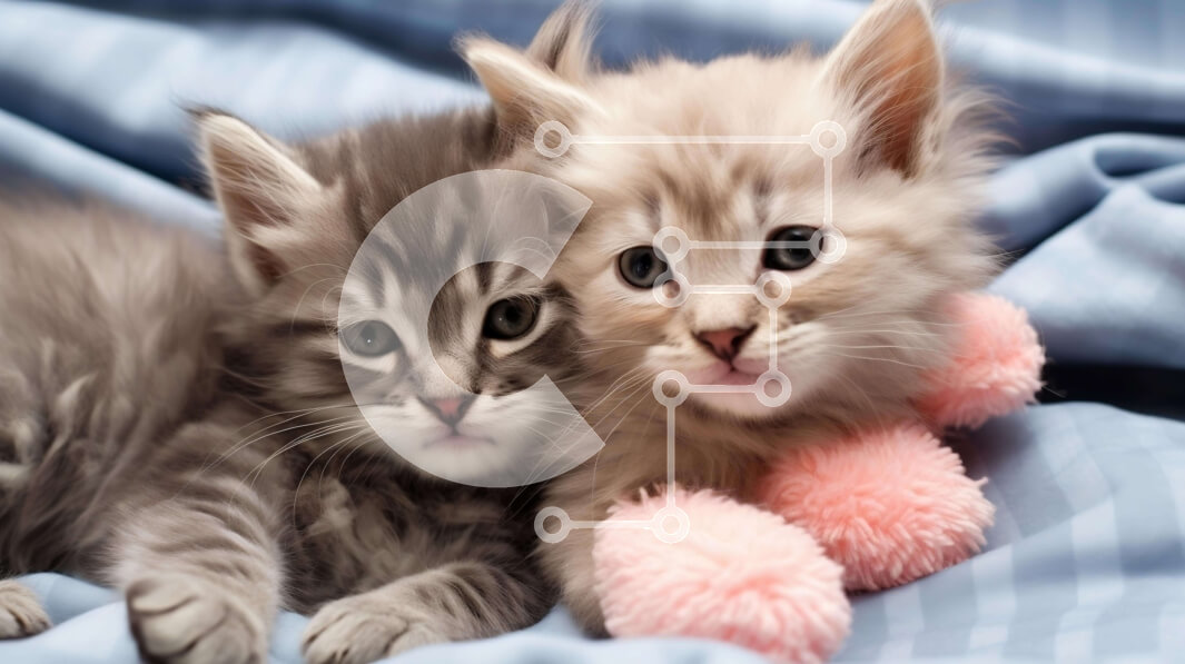 Σετ των 2 Intra Συλλεκτικό Ξύλινο Παζλ Plywood  4mm - Δύο γκρι γατάκια σε μπλε κουβέρτα με ροζ γεμιστά ζώα Σε Ξύλινο Κουτί - Διαστάσεις: 10x10 cm – 25 κομμάτια