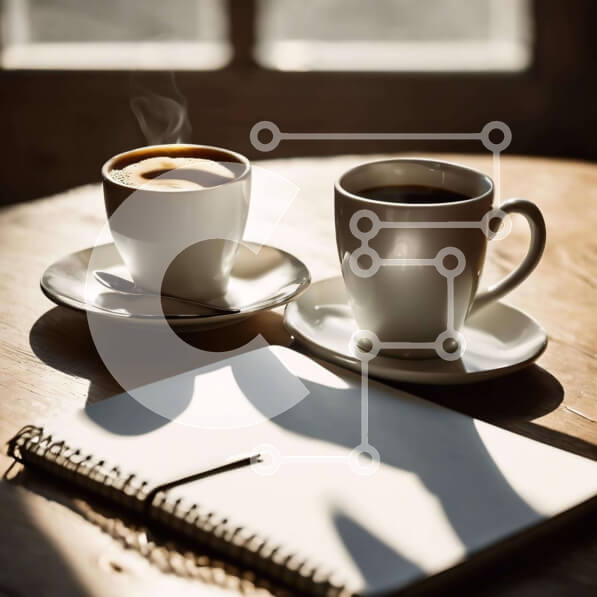 Σετ των 2 Intra Συλλεκτικό Ξύλινο Παζλ Plywood  4mm - Δύο φλιτζάνια καφέ σε ένα ξύλινο τραπέζι με ένα ανοιχτό σημειωματάριο Σε Ξύλινο Κουτί - Διαστάσεις: 10x10 cm – 25 κομμάτια