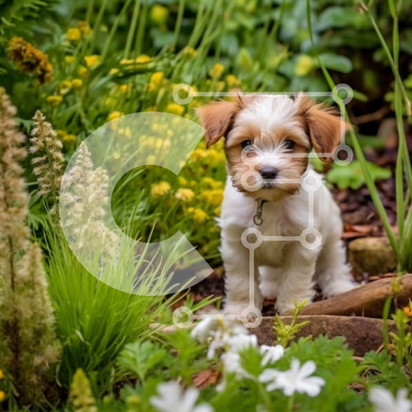 Intra Συλλεκτικό Ξύλινο Παζλ Plywood  4mm - Αξιολάτρευτο σκυλί σε έναν όμορφο κήπο με πολύχρωμα λουλούδια και φυτά Σε Ξύλινο Κουτί - Διαστάσεις: 10x10 cm – 25 κομμάτια