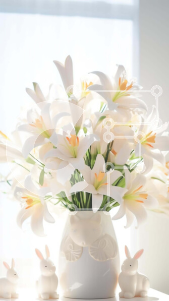 Intra Συλλεκτικό Ξύλινο Παζλ Plywood  4mm - Πασχαλινή διακόσμηση με λευκά λουλούδια και ειδώλια κουνελιών Σε Ξύλινο Κουτί - Διαστάσεις Puzzle: 10x10 cm – 25 κομμάτια