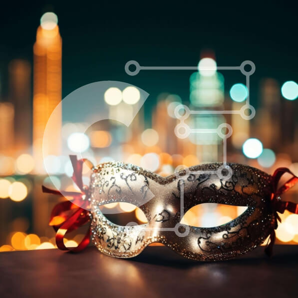 Intra Συλλεκτικό Ξύλινο Παζλ Plywood  4mm - Μάσκα μεταμφίεσης στο τραπέζι με φόντο τον ορίζοντα της πόλης Σε Ξύλινο Κουτί - Διαστάσεις Puzzle: 10x10 cm – 25 κομμάτια