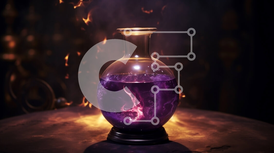 Intra Συλλεκτικό Ξύλινο Παζλ Plywood  4mm - Μυστηριώδες και ζωντανό μωβ υγρό σε γυάλινο μπουκάλι με φλόγες Σε Ξύλινο Κουτί - Διαστάσεις Puzzle: 10x10 cm – 25 κομμάτια