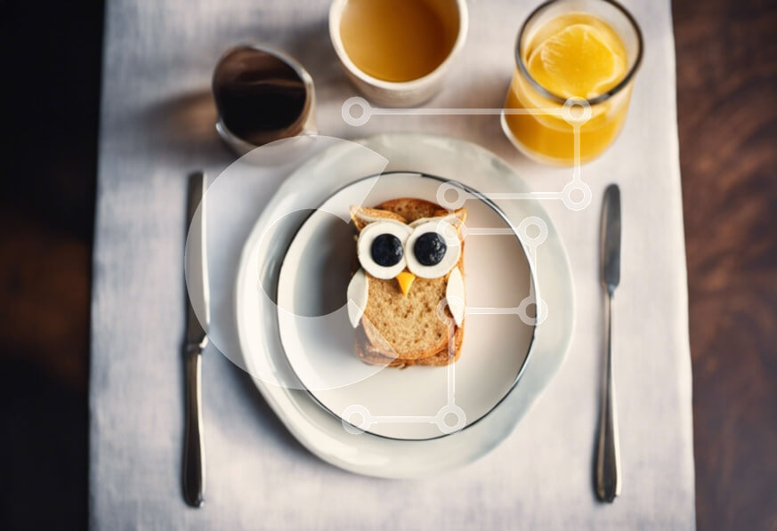 Σετ των 2 Intra Συλλεκτικό Ξύλινο Παζλ Plywood  4mm - Πρωινό με ψωμί σε σχήμα κουκουβάγιας και χυμό πορτοκαλιού Σε Ξύλινο Κουτί - Διαστάσεις: 10x10 cm – 25 κομμάτια